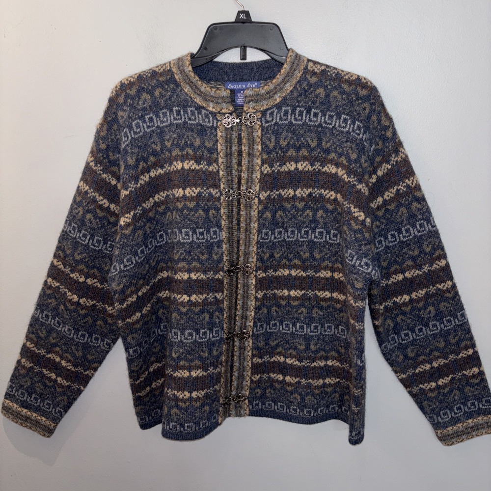 VTG Eagles Eye Blue Fair Isle Wool Cardigan Sweater Metal Clasp Nordic Size M